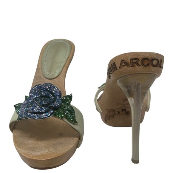 Rare Gianmarco Lorenzi Crystal Flower Wooden Platform Mules Sandals 6 Maximalist - Picture 4 of 16